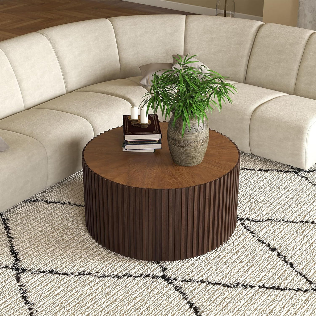 POVISON Round Coffee Table,Mid Century Modern Fluted Coffee Table for Living Room Bedroom Office, 31.5', Walnut