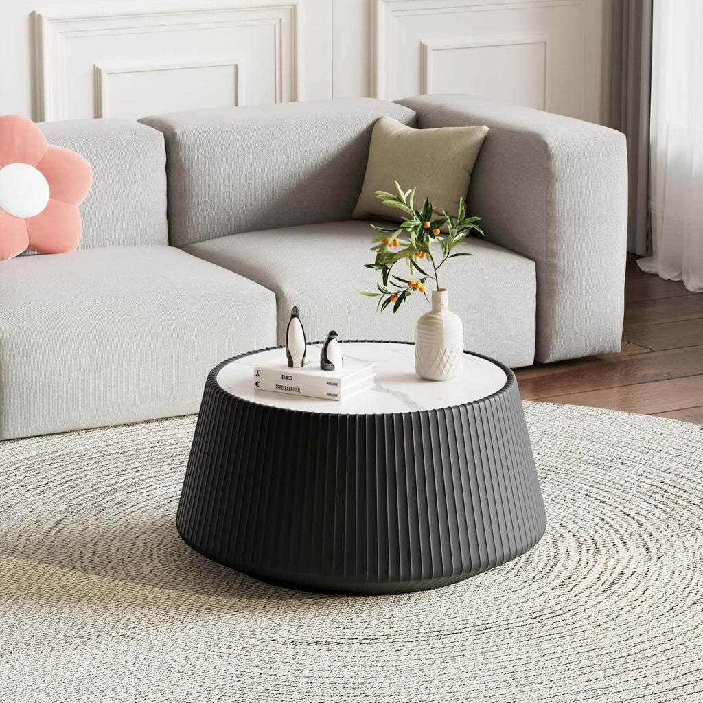 26.77' Marble Coffee Table, Modern Cup Shaped Coffee Table with Sintered Stone Top and PU Leather Covered, Black Fluted Cocktail Center Tea Coffee Tables for Living Room,No Need Assembly