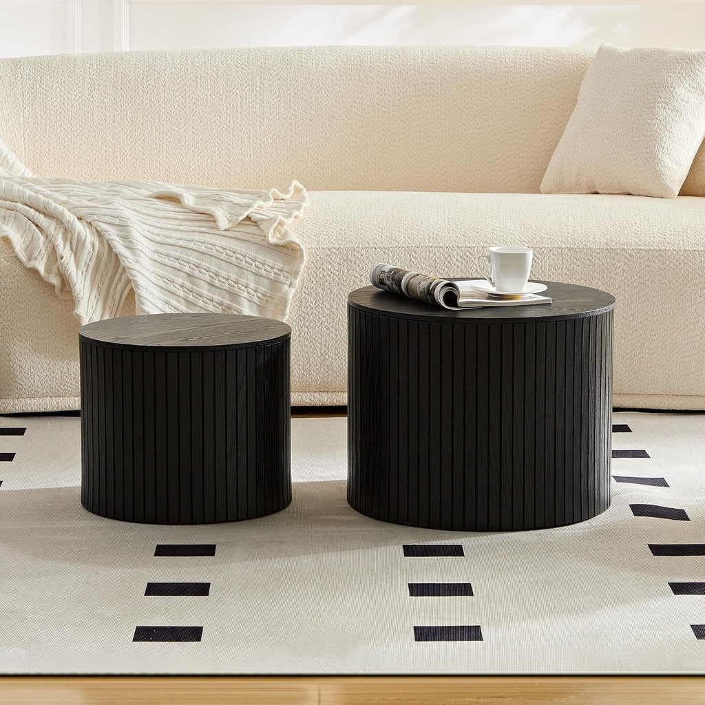 MEETAKING 19Inch Nesting Coffee Table Set of 2,Modern Round Wooden Coffee Tables,Plenty of Storage Space, Natural Wood Veneer,for Small Space Living Room Apartment (Black)