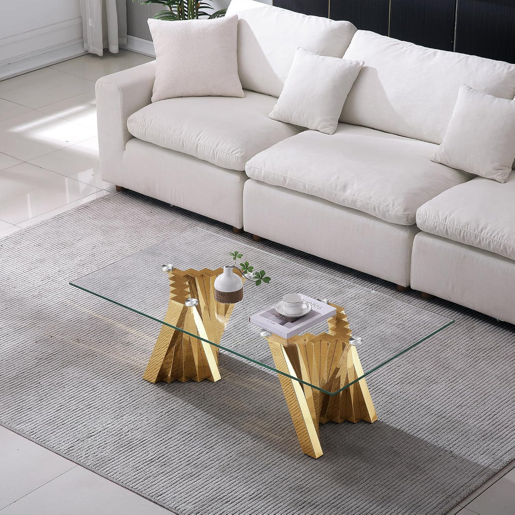 Henf Gold Glass Coffee Table with Mirrored Stainless Steel Base, 51' Rectangle Modern Living Room Cocktail Table for Home Office