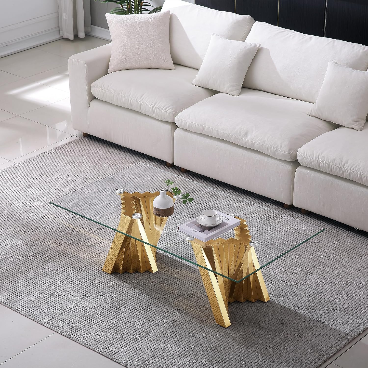 Henf Gold Glass Coffee Table with Mirrored Stainless Steel Base, 51' Rectangle Modern Living Room Cocktail Table for Home Office