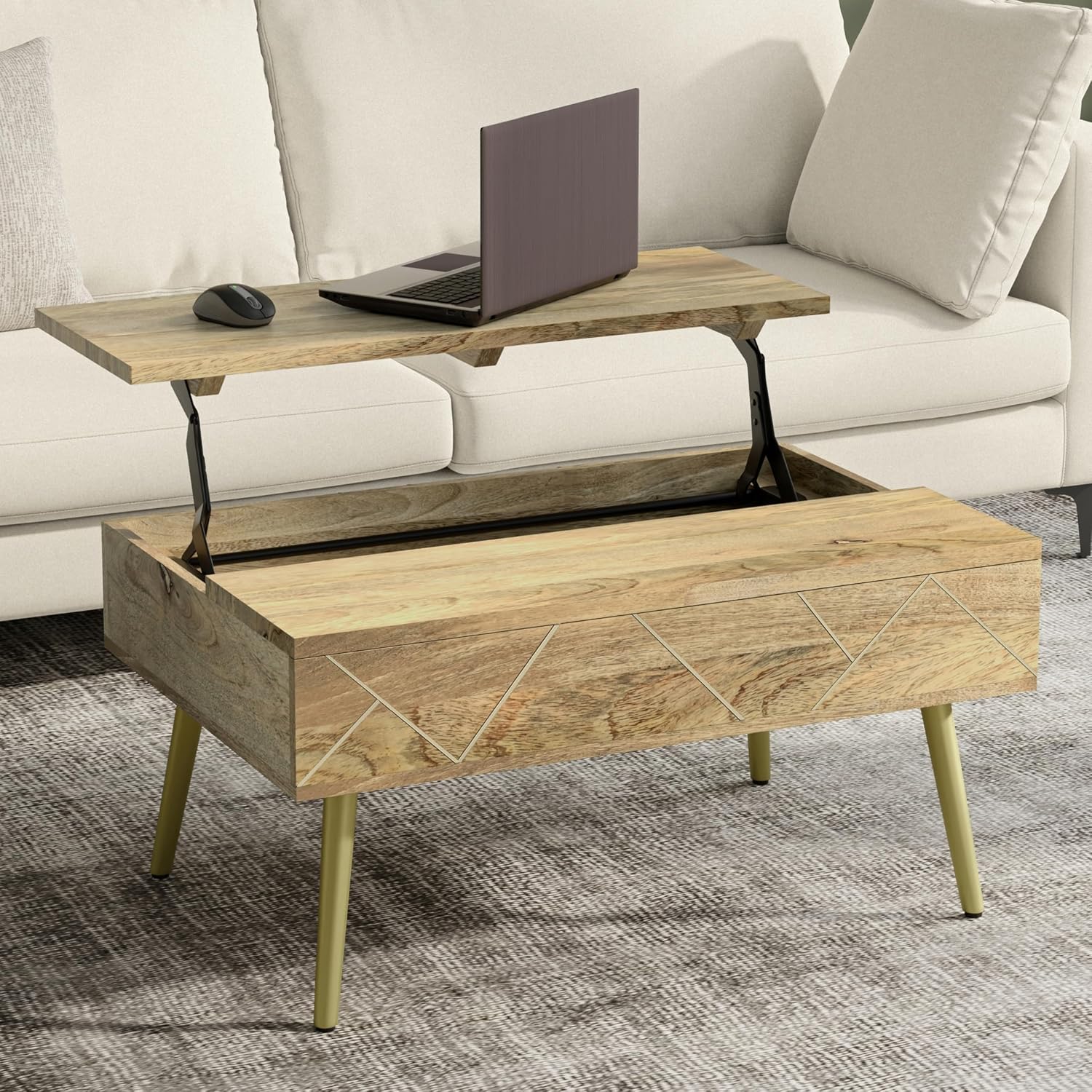 SIMPLIHOME Jager Lift Top Coffee Table - 36 inch Wide Solid Mango Wood Contemporary Modern Cocktail Table in Natural, Stylish Living Room Table with Hidden Storage, Brass Inlay, and Gold Metal Legs