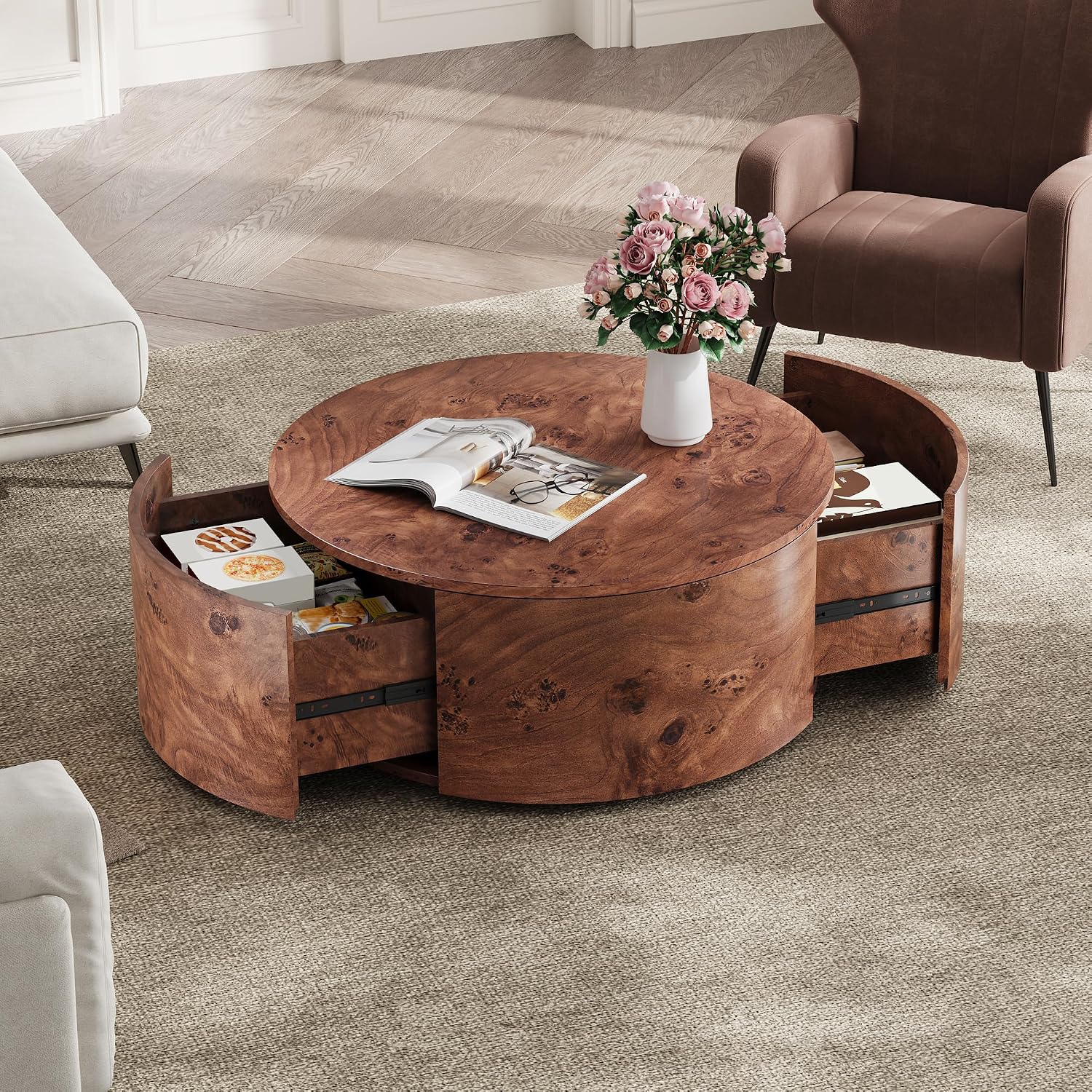 Flieks Burl Wood Rotating Coffee Table with 2 Drawers, 360° Rotating Top, Walnut, 28.4'