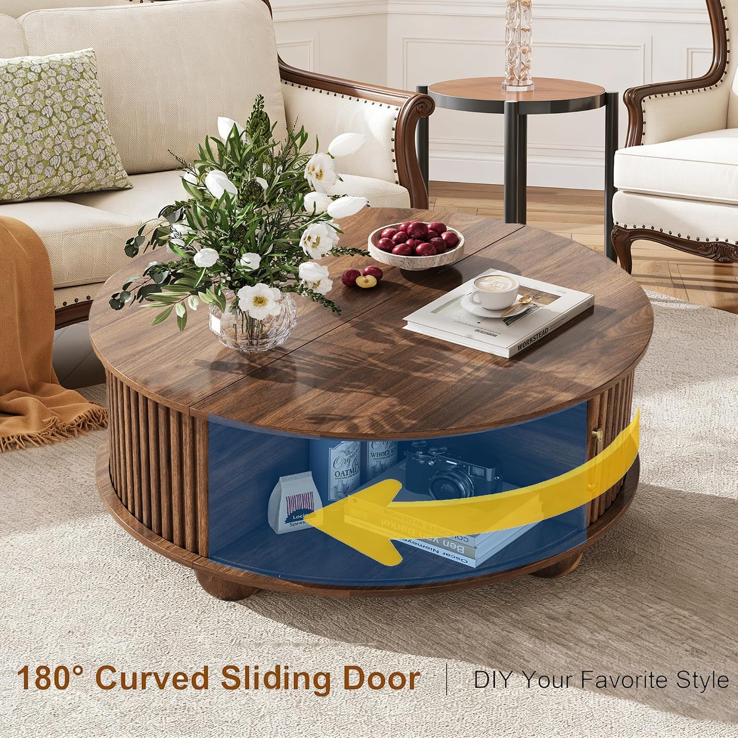 Round Coffee Table with Storage, Fluted Center Table with Sliding Tambour Door and Open Shelves, Mid Century Small Coffee Table for Living Room, Small Space, Walnut