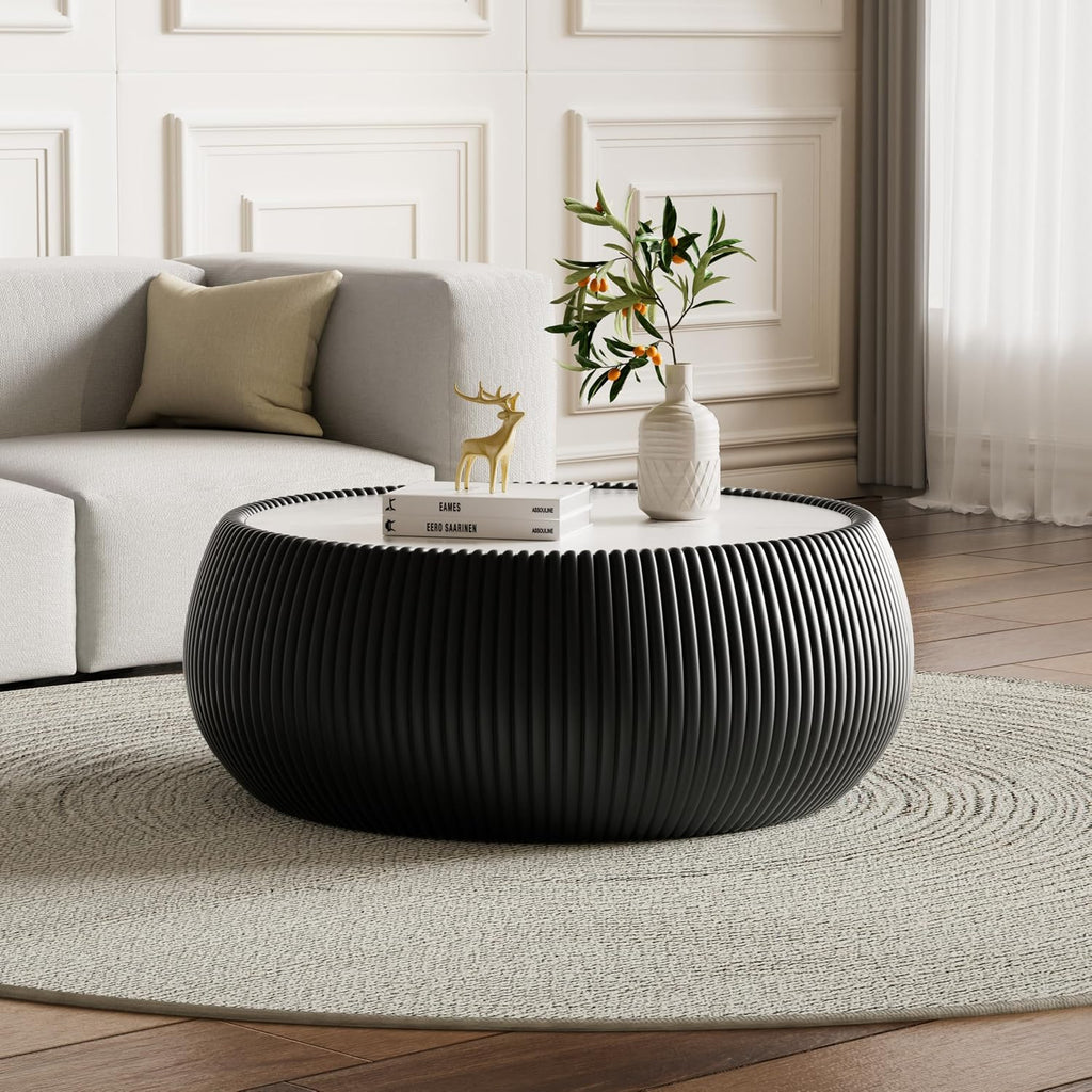 Round Drum Coffee Table Luxury Sintered Stone Top Coffee Table in Black Leatherette, Fully Assembled Drum-Shape Cocktail Center Table for Living Room Bedroom