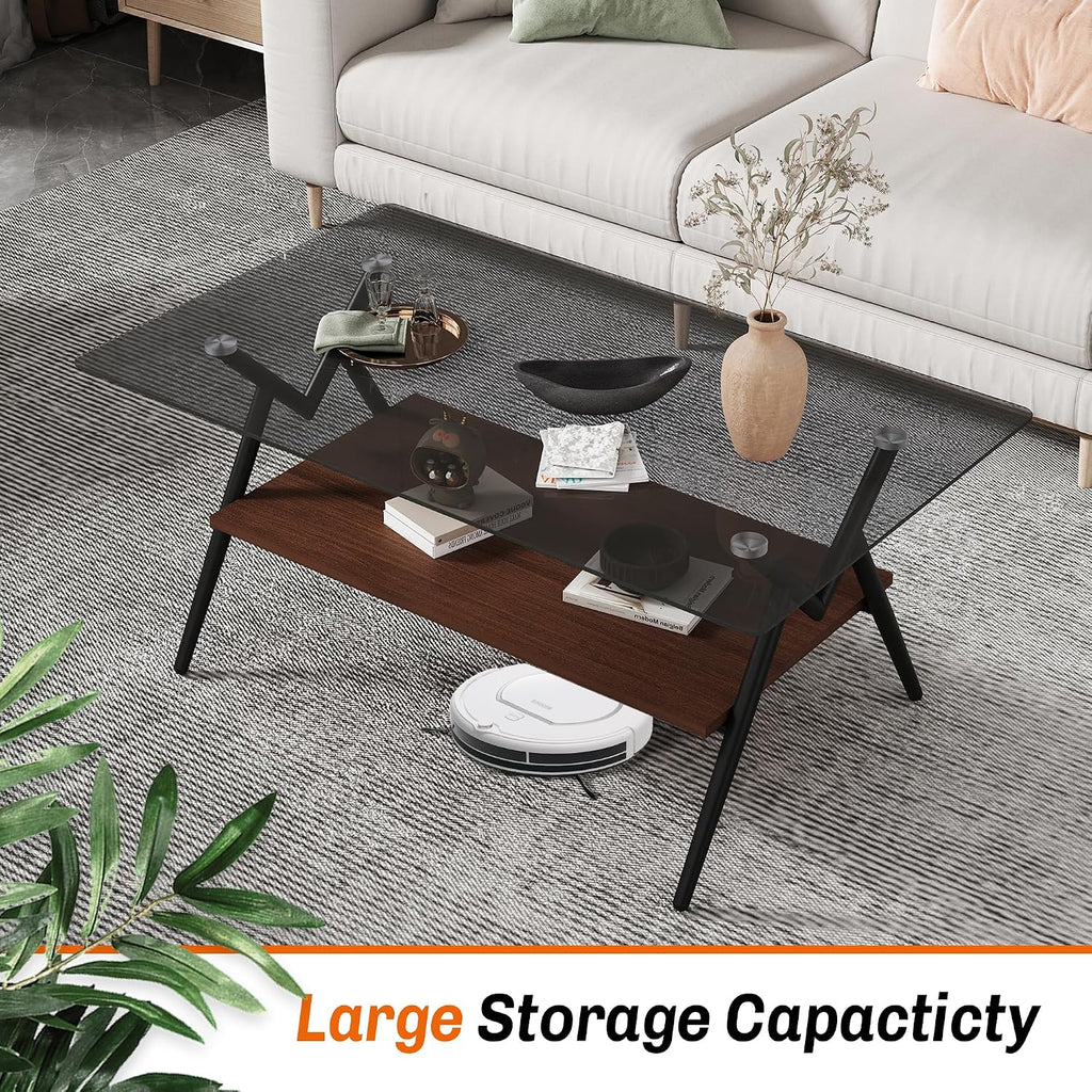 Grey Glass Coffee Table Sets of 3 Modern Living Room Table Set End Tables with Black Metal Legs and Walnut Bottom Shelf, Center Cocktail Furniture (Grey Brown)