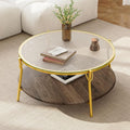 32.7'' Tempered Glass Round Coffee Table for Living Room, 2-Tier Modern Circle Coffee Table, Glass Tabletop & Metal Base, Easy Assembly, Gold & Walnut