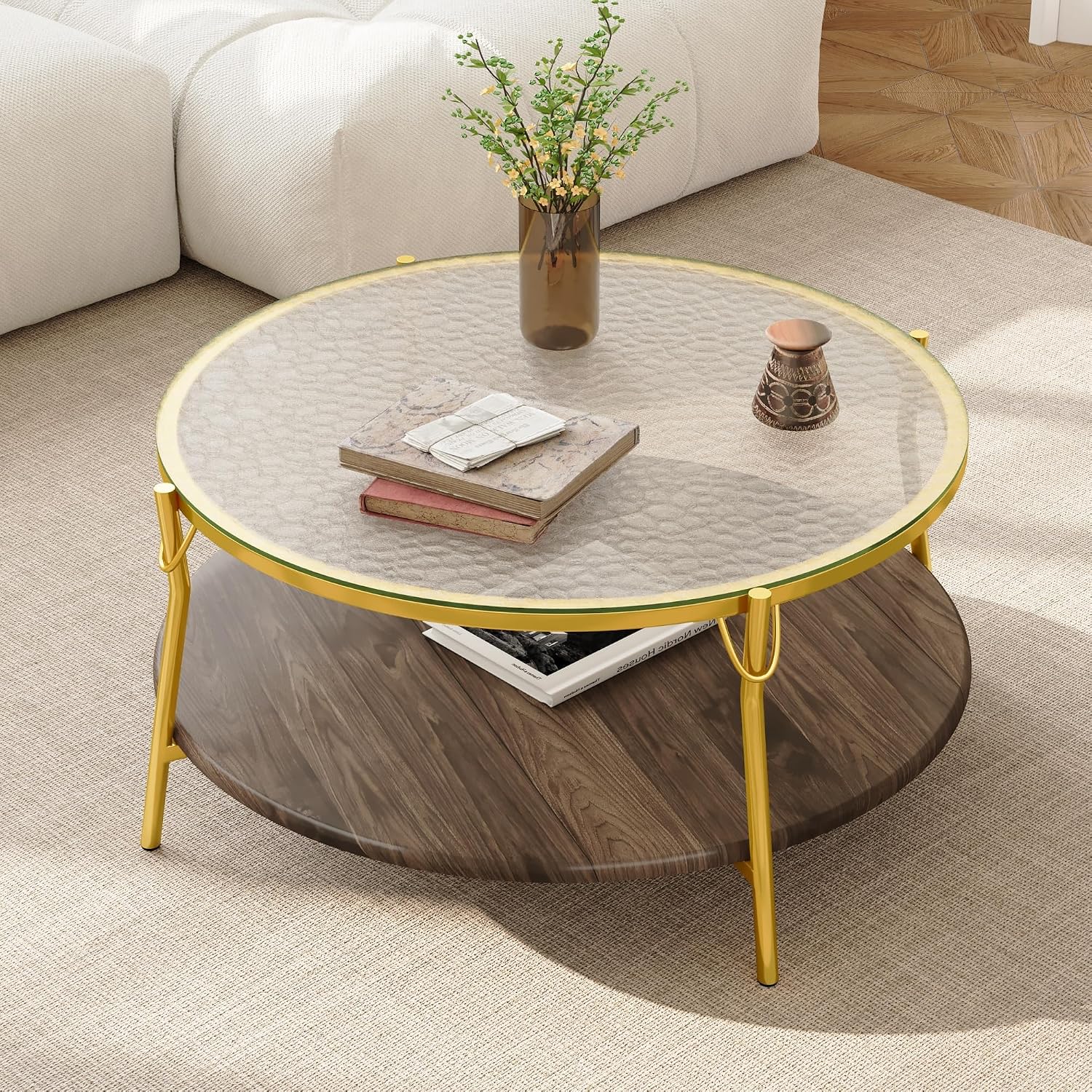 32.7'' Tempered Glass Round Coffee Table for Living Room, 2-Tier Modern Circle Coffee Table, Glass Tabletop & Metal Base, Easy Assembly, Gold & Walnut