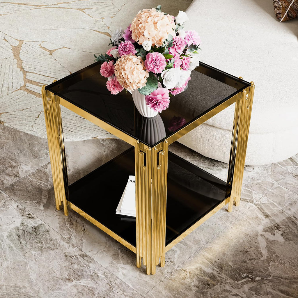19.9'' Tempered Glass Side Tabel Square End for Living Room, 2-Tier Modern Accent Square Design, Transparent Mirror Tabletop & Metal Drum Base, Easy Assembly, Black & Gold