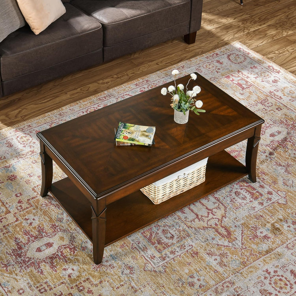 Mid-Century Modern Living Room Coffee Table Set, 2-Piece Solid Wood Living Room Table Set, 1 Solid Wood Coffee Table with Storage Shelf and 1 End Table, Cherry Walnut KFZ-DR200-2
