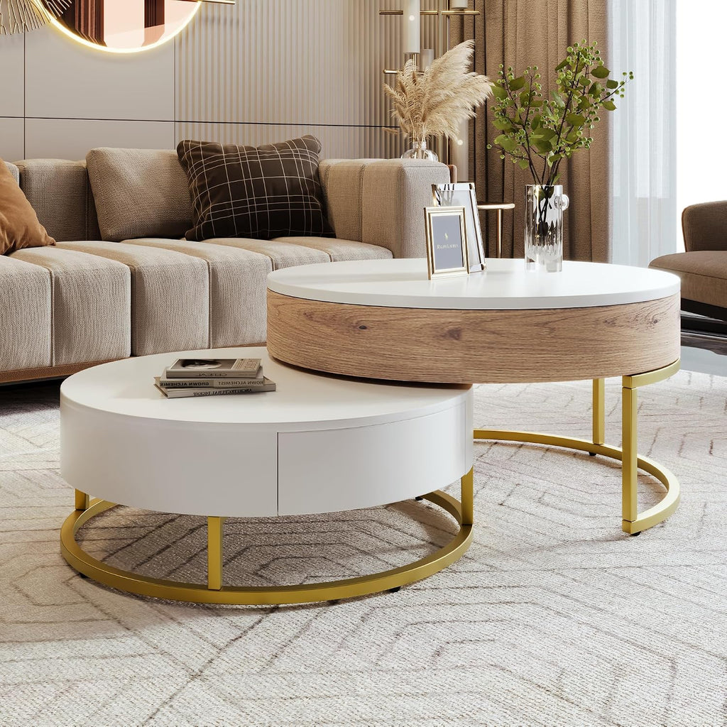 Round Lift-Top Nesting Coffee Table Set of 2, Modern Coffee Table with 2 Storage Drawers, Circular Wood Center Table Set for Living Room, Apartment, White & Oak