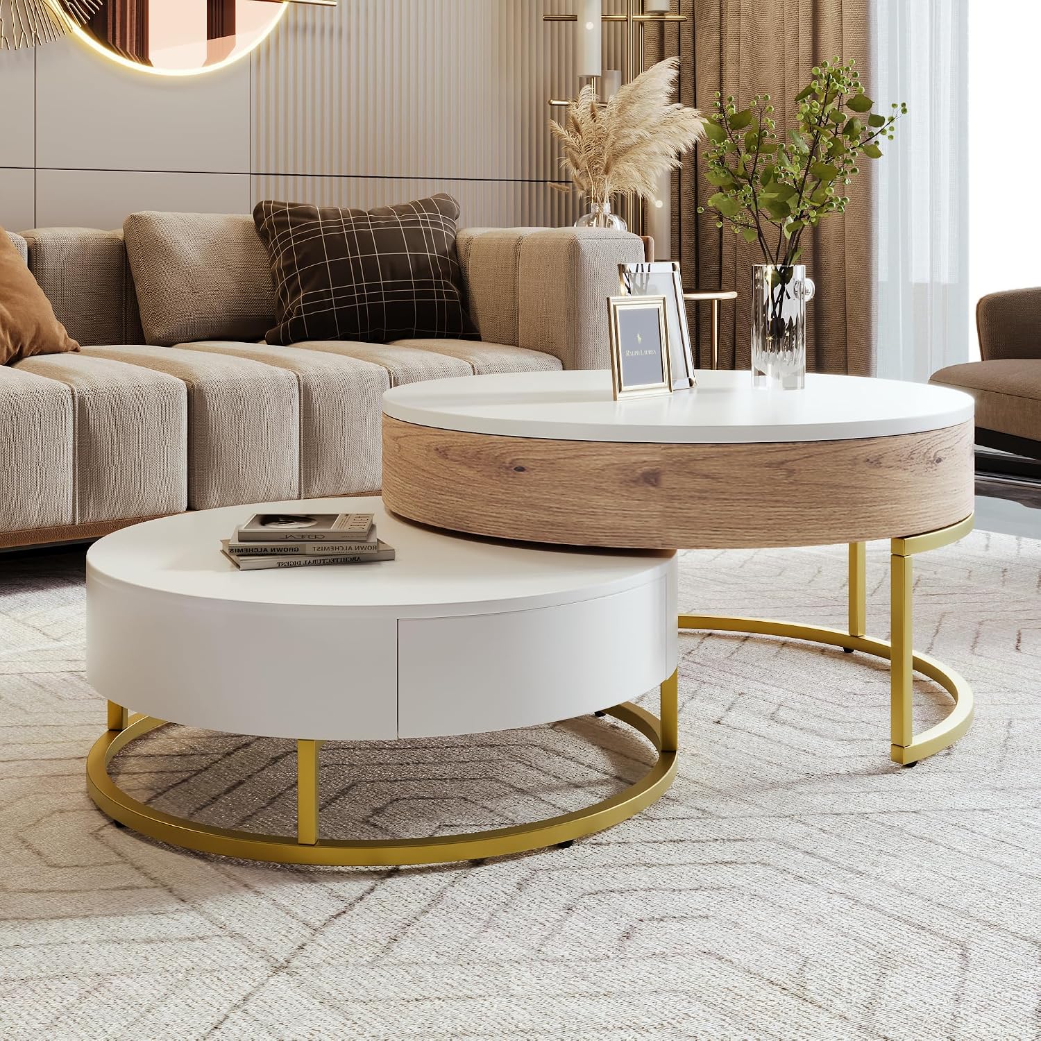 Round Lift-Top Nesting Coffee Table Set of 2, Modern Coffee Table with 2 Storage Drawers, Circular Wood Center Table Set for Living Room, Apartment, White & Oak