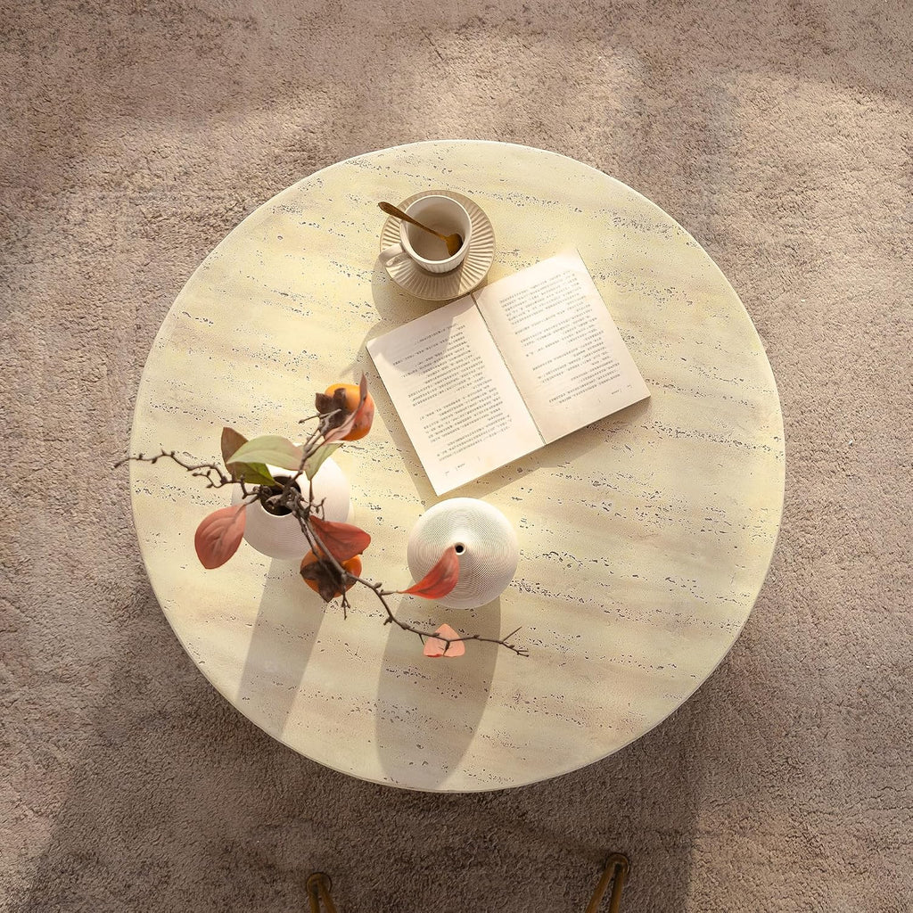 Modern Accent Coffee Table with Unique Arched Cutout Base, Minimalist Round Center Table for Living Room, Bedroom, Home Decor, No Assembly Required, Amber