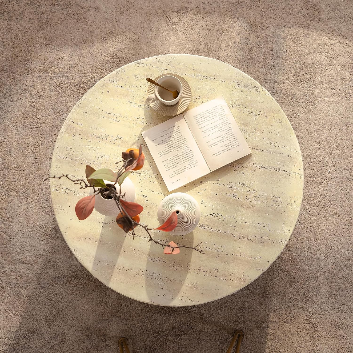 Modern Accent Coffee Table with Unique Arched Cutout Base, Minimalist Round Center Table for Living Room, Bedroom, Home Decor, No Assembly Required, Amber