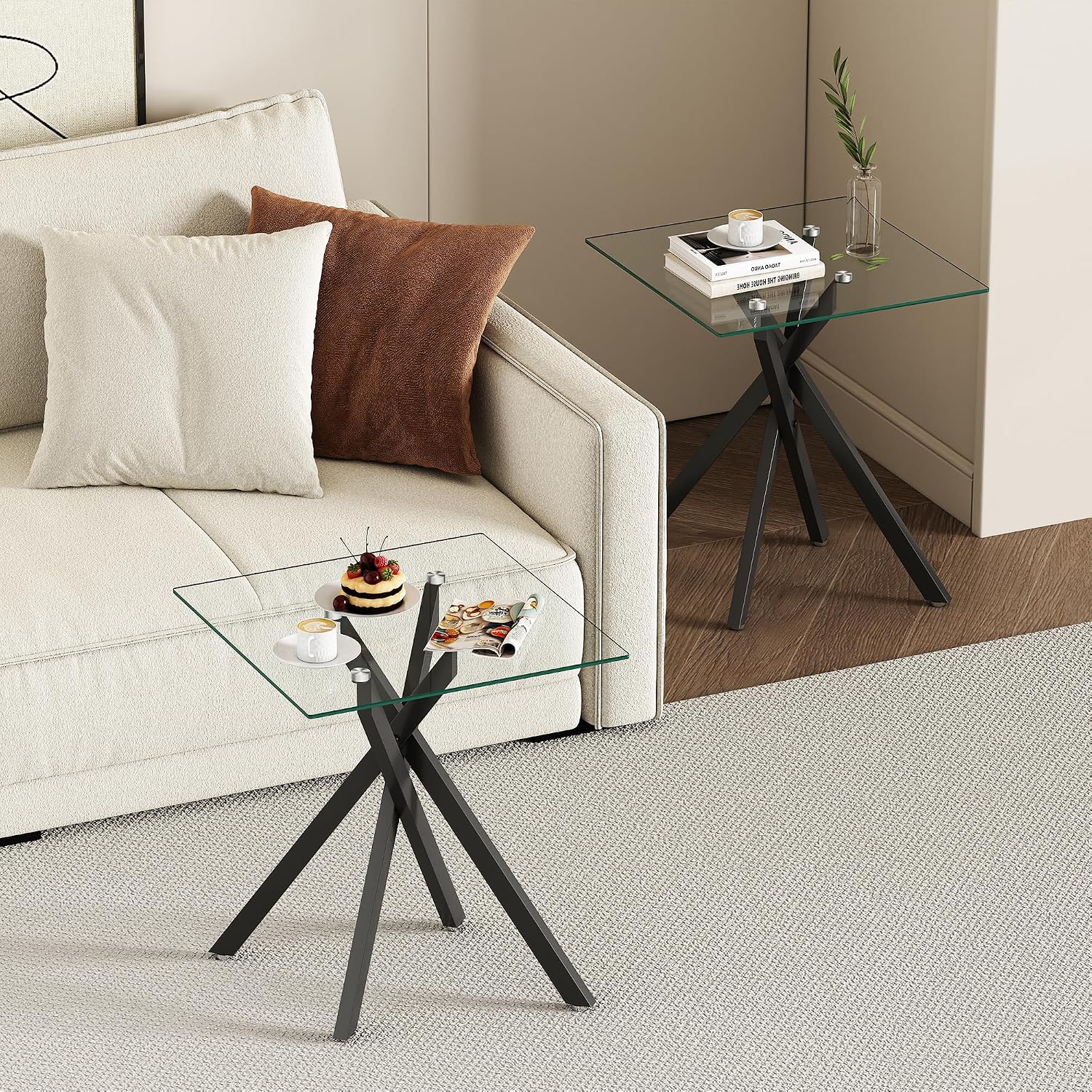 Glass Coffee Table Set of 3 Piece, Living Room Tables Set of 3 Pcs, Including 1 Coffee Table and 2 End Side Tables, Metal Frame, Tempered Glass, for Small Space, Apartment (Black, W39.37' + W17.72')
