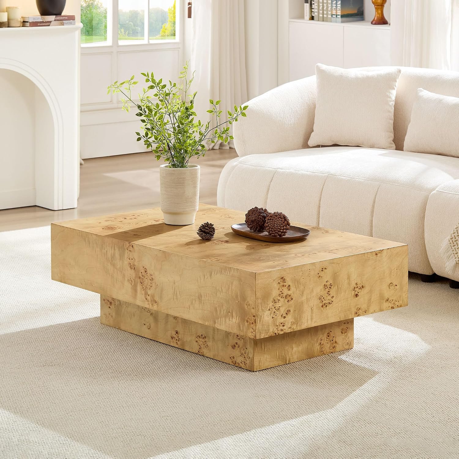 WILLIAMSPACE 43.31' Rectangle Coffee Table with Burl Wood Veneer & Sturdy Base, Modern Luxury Wood Drum Center Table Accent Side End Table for Living Room Apartment, Natural