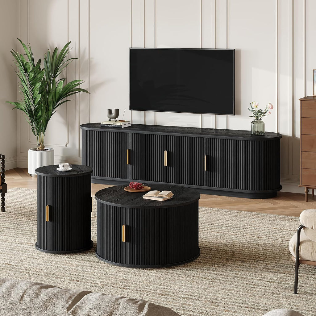 LUMISOL TV Stand and Coffee Table Set of 3, Fluted Entertainment Center with Sliding Doors and Cable Hole for TVs up to 75', Farmhouse Round Center Table for Living Room, Black
