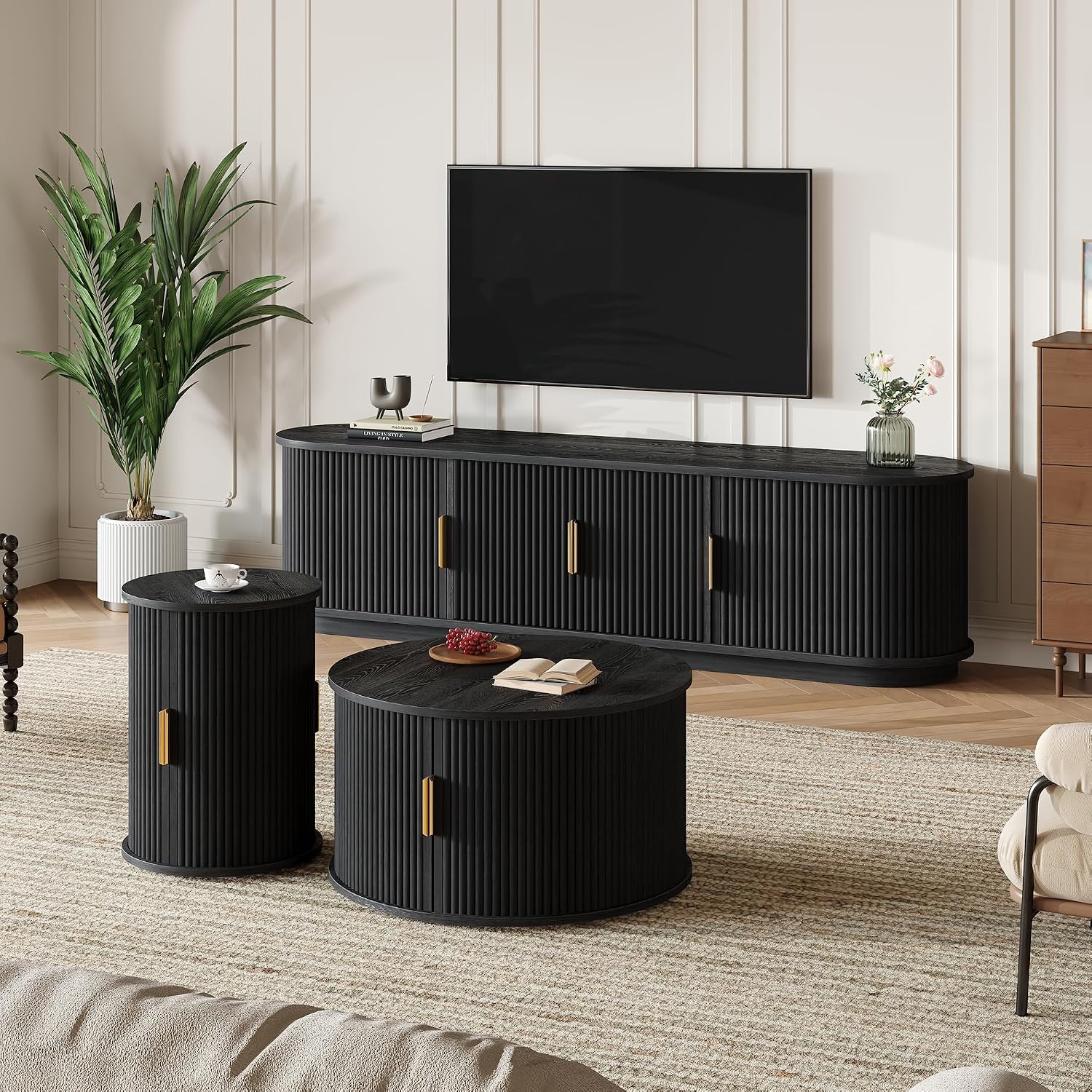 LUMISOL TV Stand and Coffee Table Set of 3, Fluted Entertainment Center with Sliding Doors and Cable Hole for TVs up to 75', Farmhouse Round Center Table for Living Room, Black