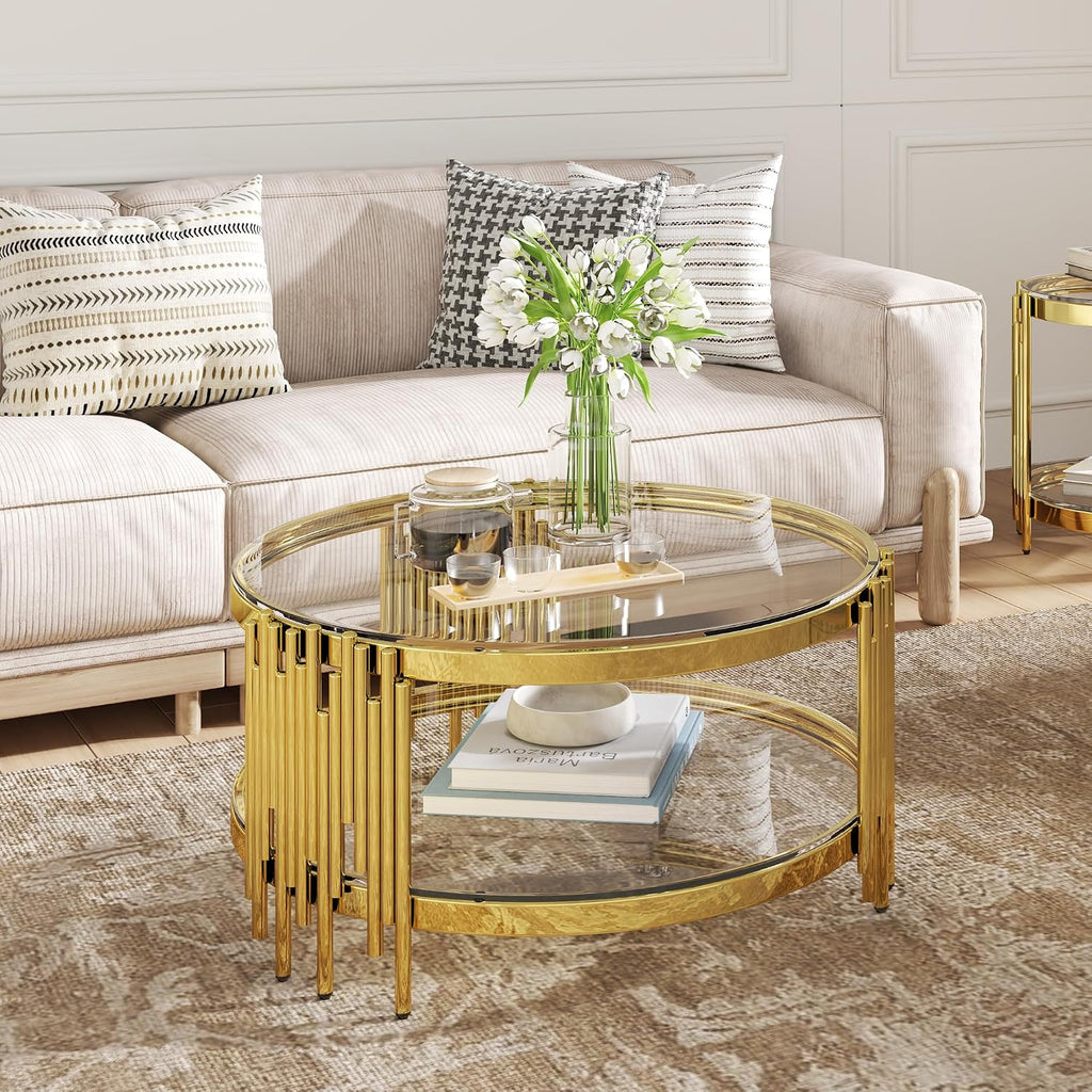 2-Tier Glass Coffee Table for Living Room, 35 inch Round Center Table with Tempered Glass Top and Stainless Steel Frame for Apartment, Home, Easy Assembly, Gold/Clear