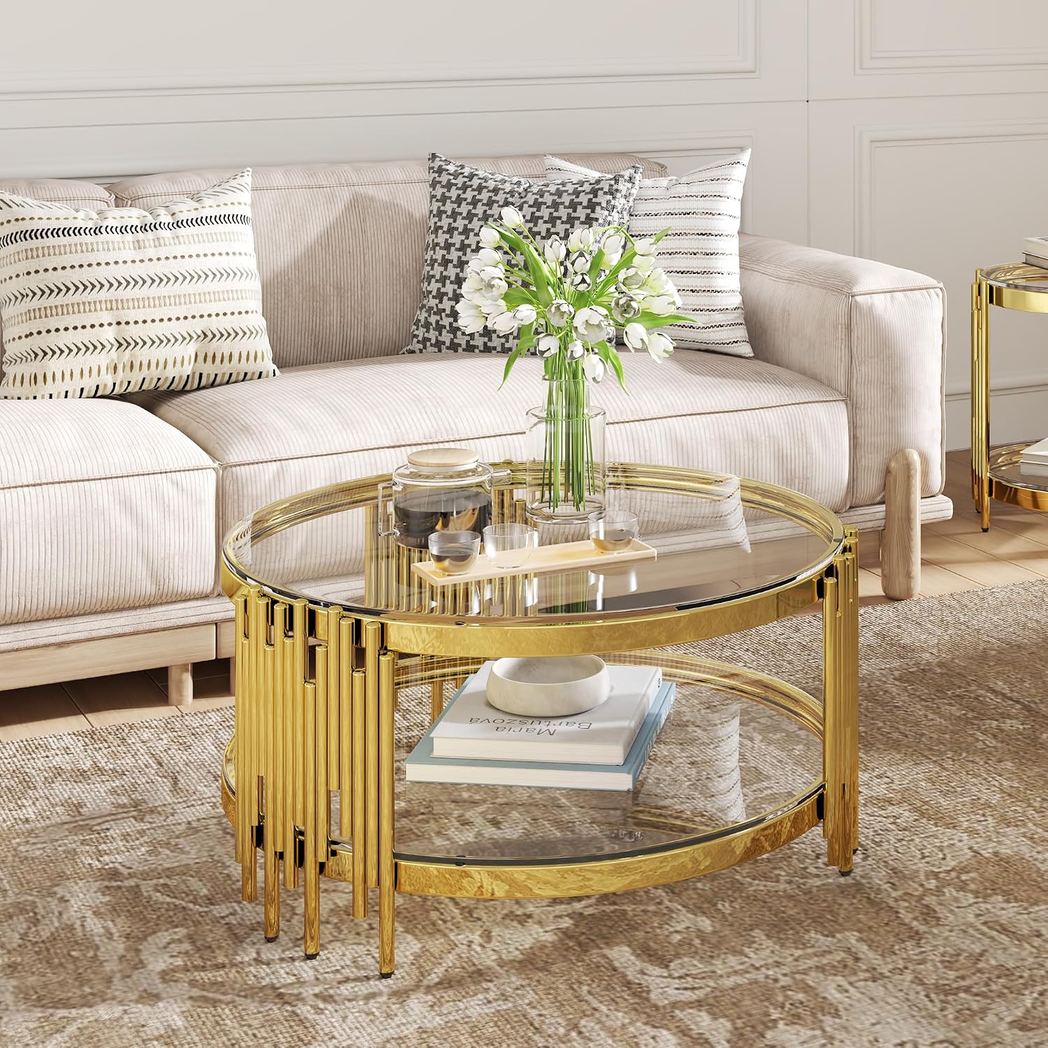 2-Tier Glass Coffee Table for Living Room, 35 inch Round Center Table with Tempered Glass Top and Stainless Steel Frame for Apartment, Home, Easy Assembly, Gold/Clear