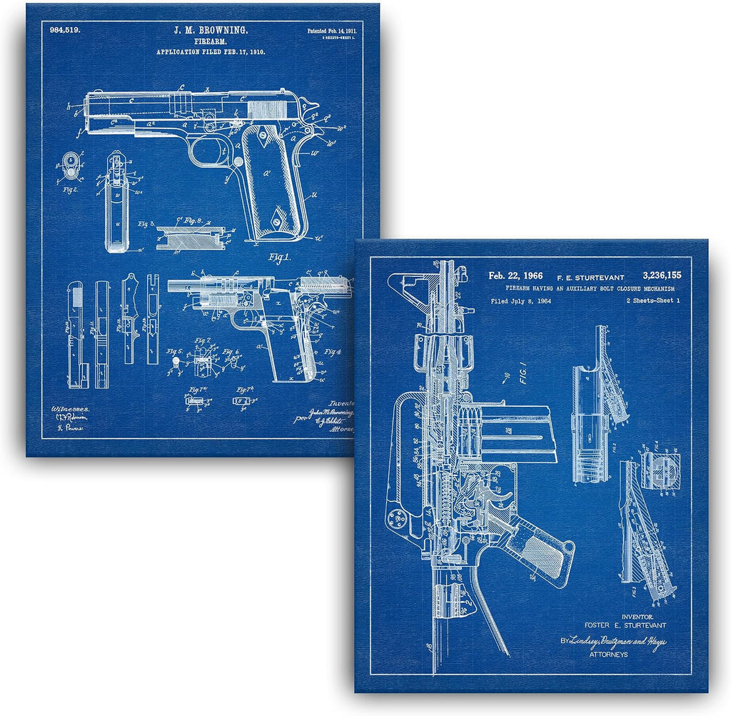 Personal-Prints Firearm Patent Art | Vintage Wall Art, Office, Bedroom Decor | 2nd Amendment & Choice of Unique Gun Art Gifts | USA Made (2 Piece Set, Blueprint, 16'x20' Stretched Canvas)