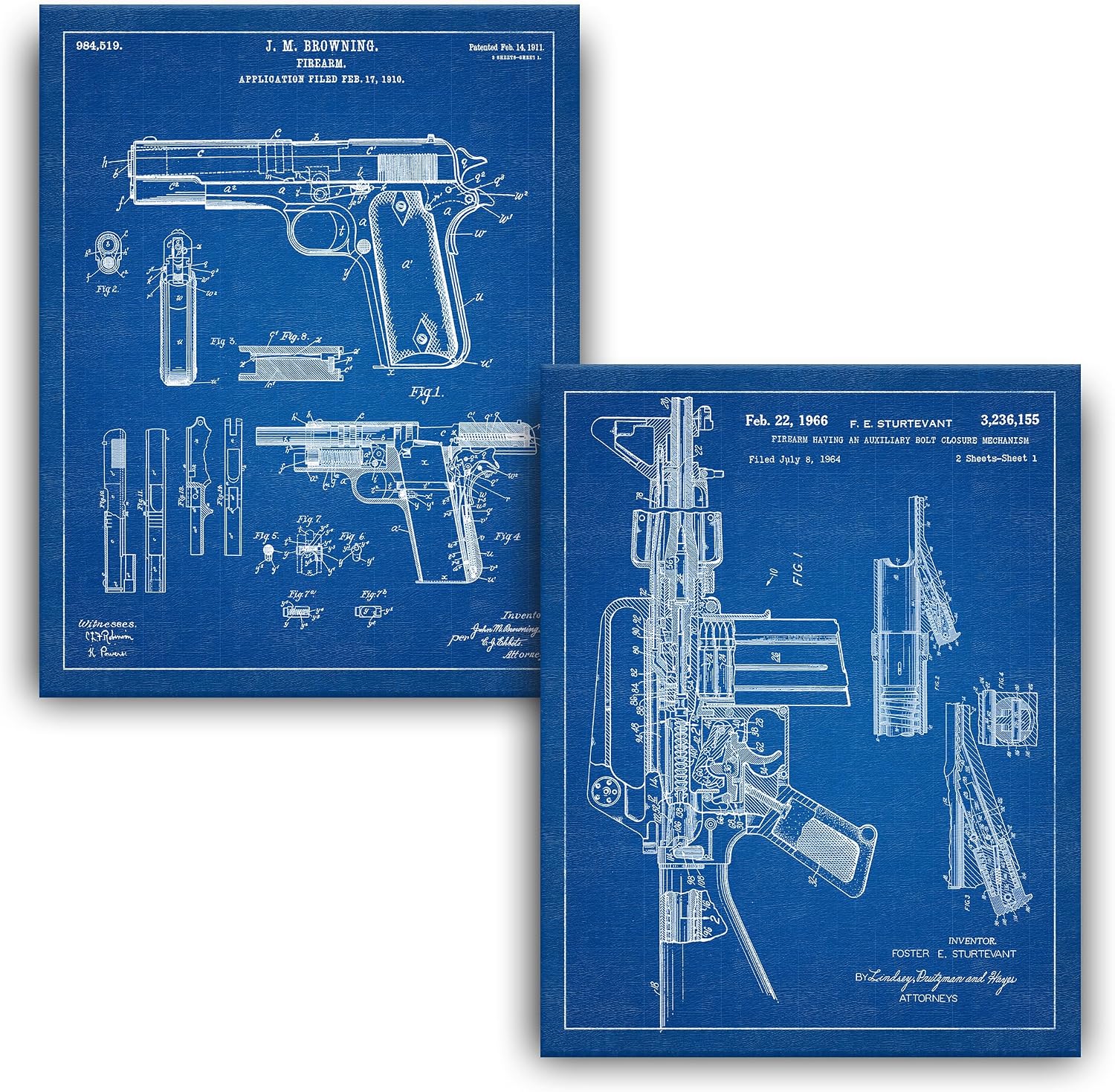 Personal-Prints Firearm Patent Art | Vintage Wall Art, Office, Bedroom Decor | 2nd Amendment & Choice of Unique Gun Art Gifts | USA Made (2 Piece Set, Blueprint, 16'x20' Stretched Canvas)