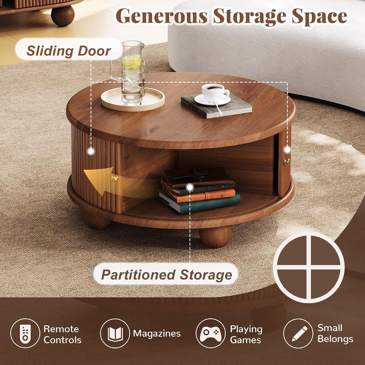 31.8'' Round Coffee Table with Storage Space for Living Room, Modern Fluted Wood Circle Coffee Table, Smooth Sliding Door, Walnut