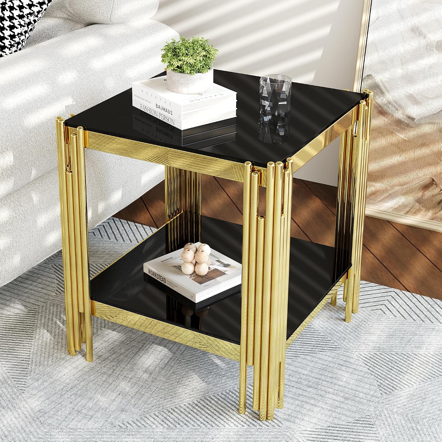 AF ARTISAN FURNITURE 2-Tier Glass End Table Modern Square Living Room Table Sofa Side Table, Stainless Steel Metal Leg Tempered Glass Small Corner Table, Black&Gold