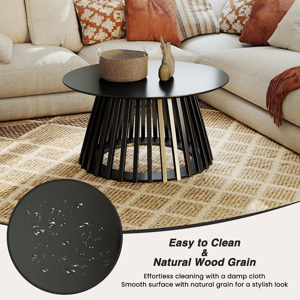 HNY Modern Black Round Coffee Table for Living Room, Mid Century Wood 31.5' Circle Small Center Table with Wooden Fluted Base for Home Small Space, Bedroom, Apartment, Studio