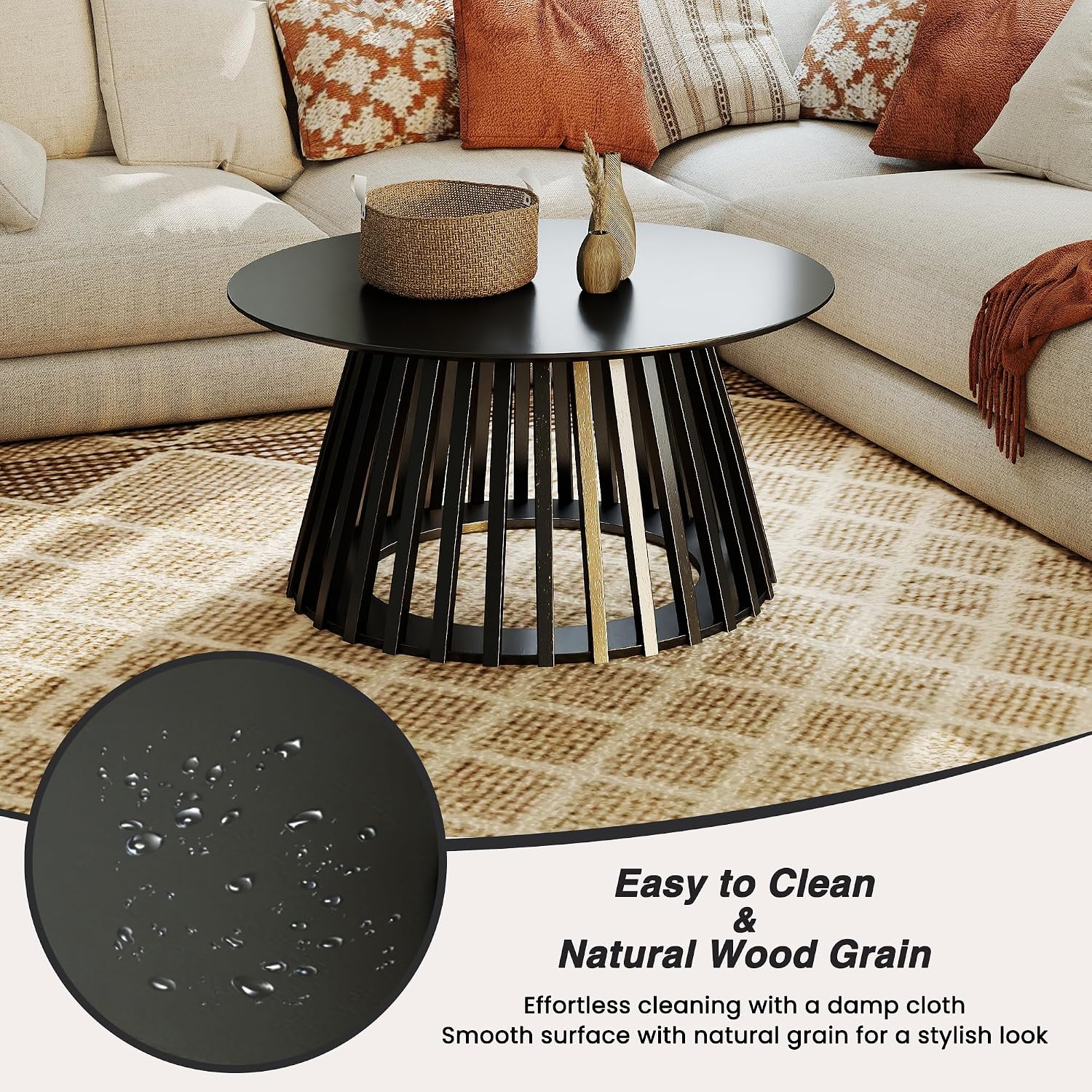 HNY Modern Black Round Coffee Table for Living Room, Mid Century Wood 31.5' Circle Small Center Table with Wooden Fluted Base for Home Small Space, Bedroom, Apartment, Studio