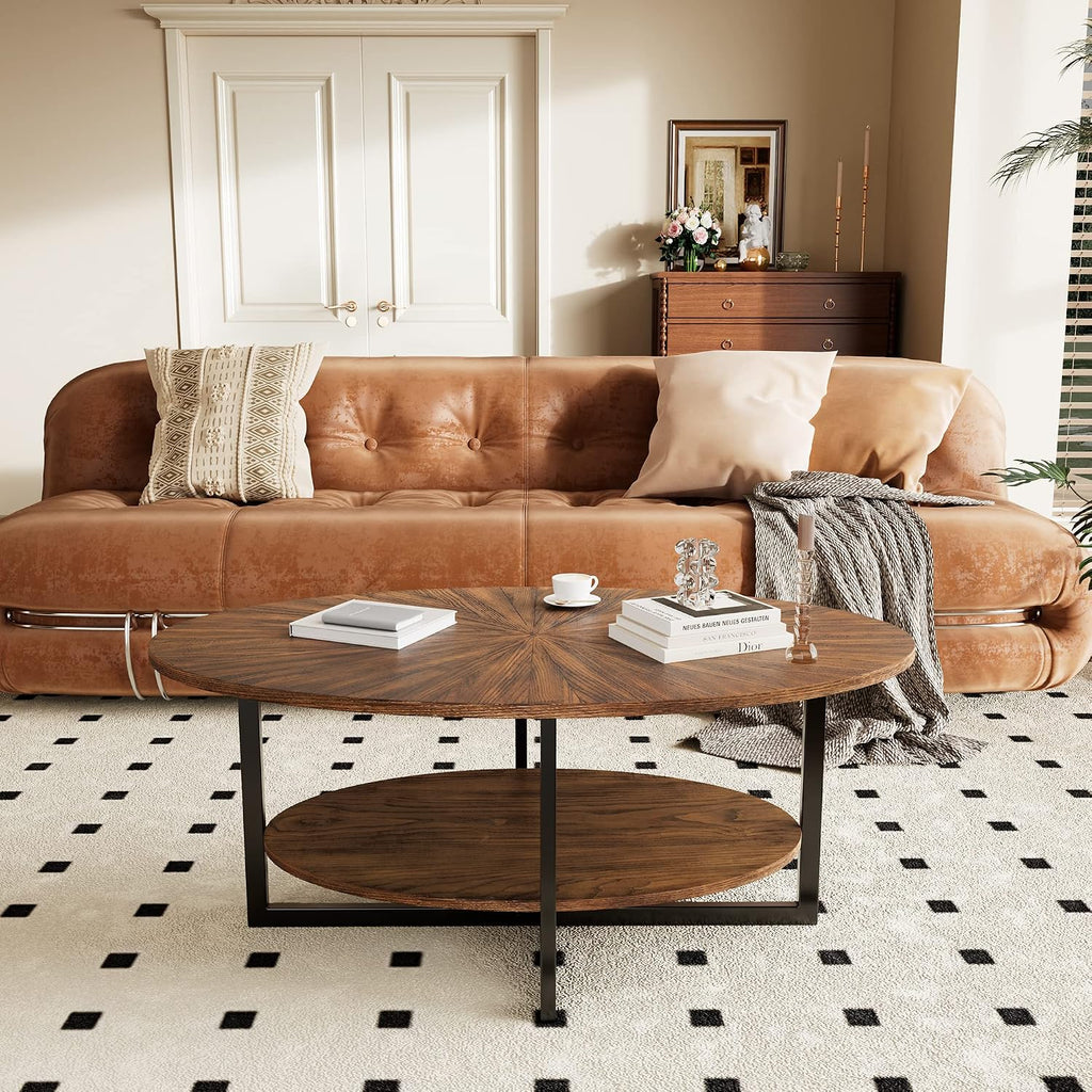 Solid Wood Oval Coffee Table with Cross Metal Legs, 43.3in Modern Industrail Center Table with Open Shelf Cocktail Tea Table for Living Room Bedroom, Rustic Brown 1811NC