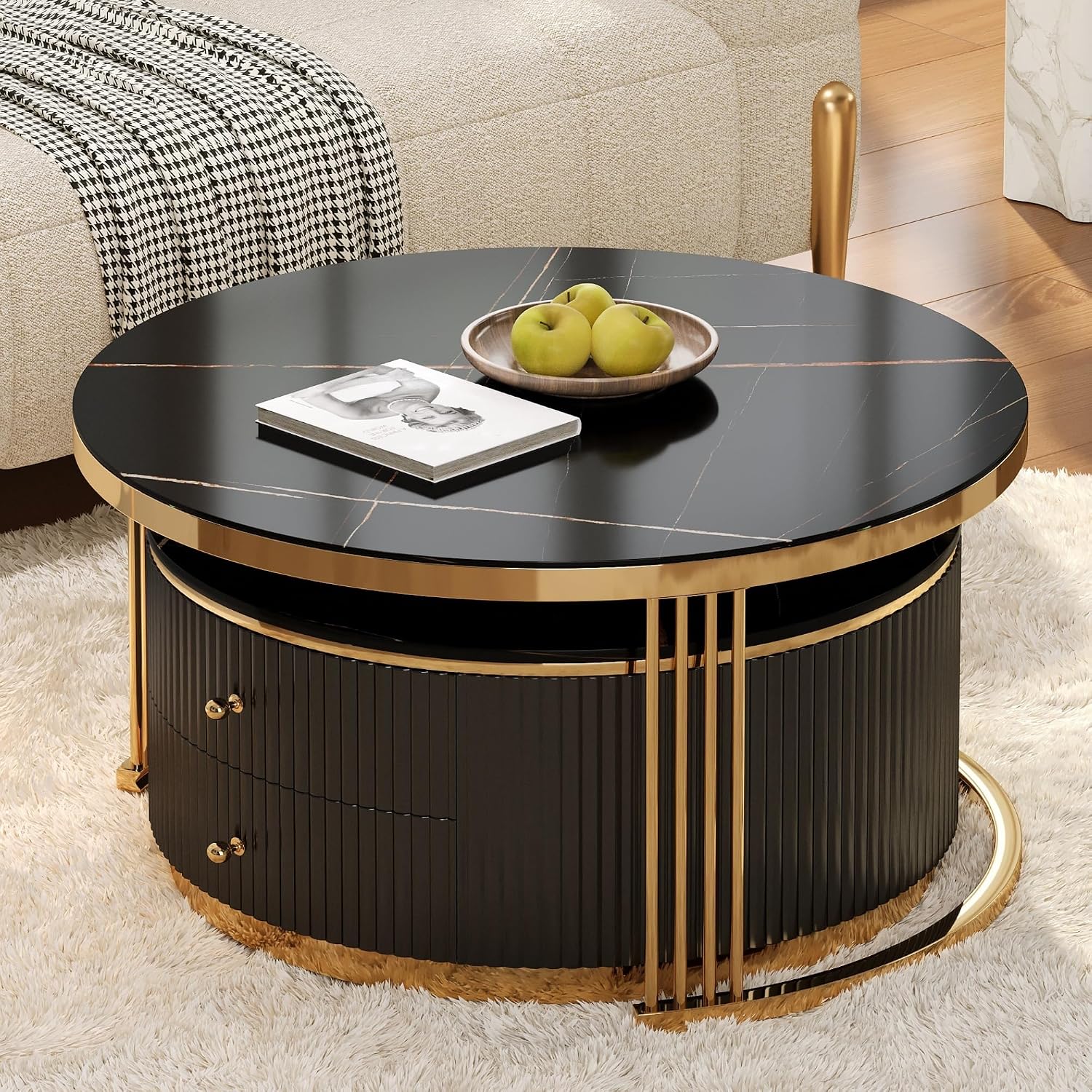Modern 2 Pieces Round Nesting Coffee Table with Drawers(Black,27.6'+23.6')
