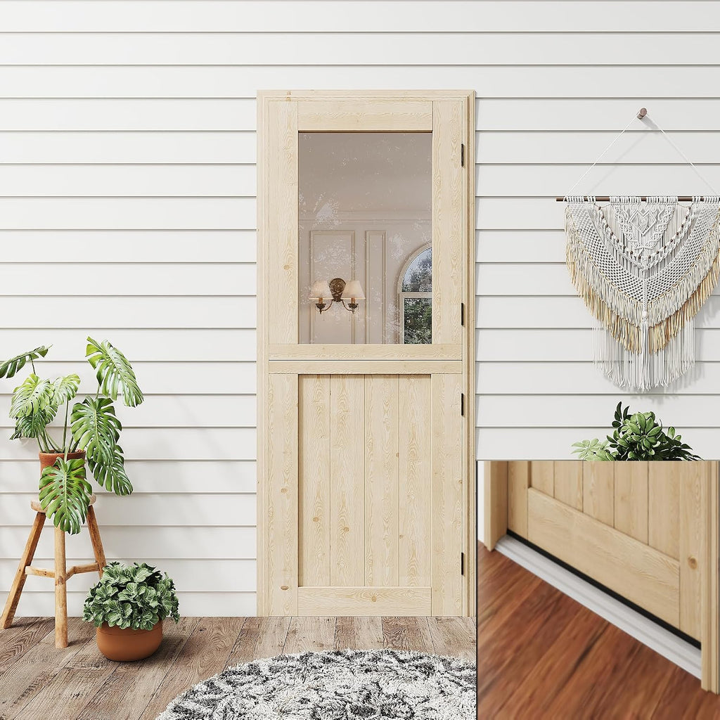 30' x 80' Dutch Door with Threshold, 1.75' Pine with 1-Lite Glass Split Half Door for Exterior Front Entry, Patio Doorway & Interior Pantry/Back w/1 Door Slab+1 Sill+4 Hinges+1 Latch