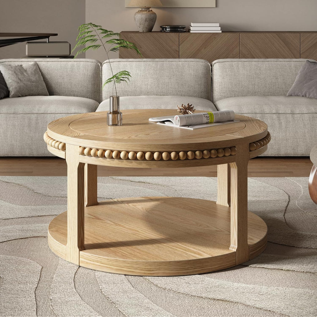 31.5'' Round Coffee Table, 2-Tier Modern Rustic Wood Circle Coffee Table for Living Room, Easy Assembly, Natural