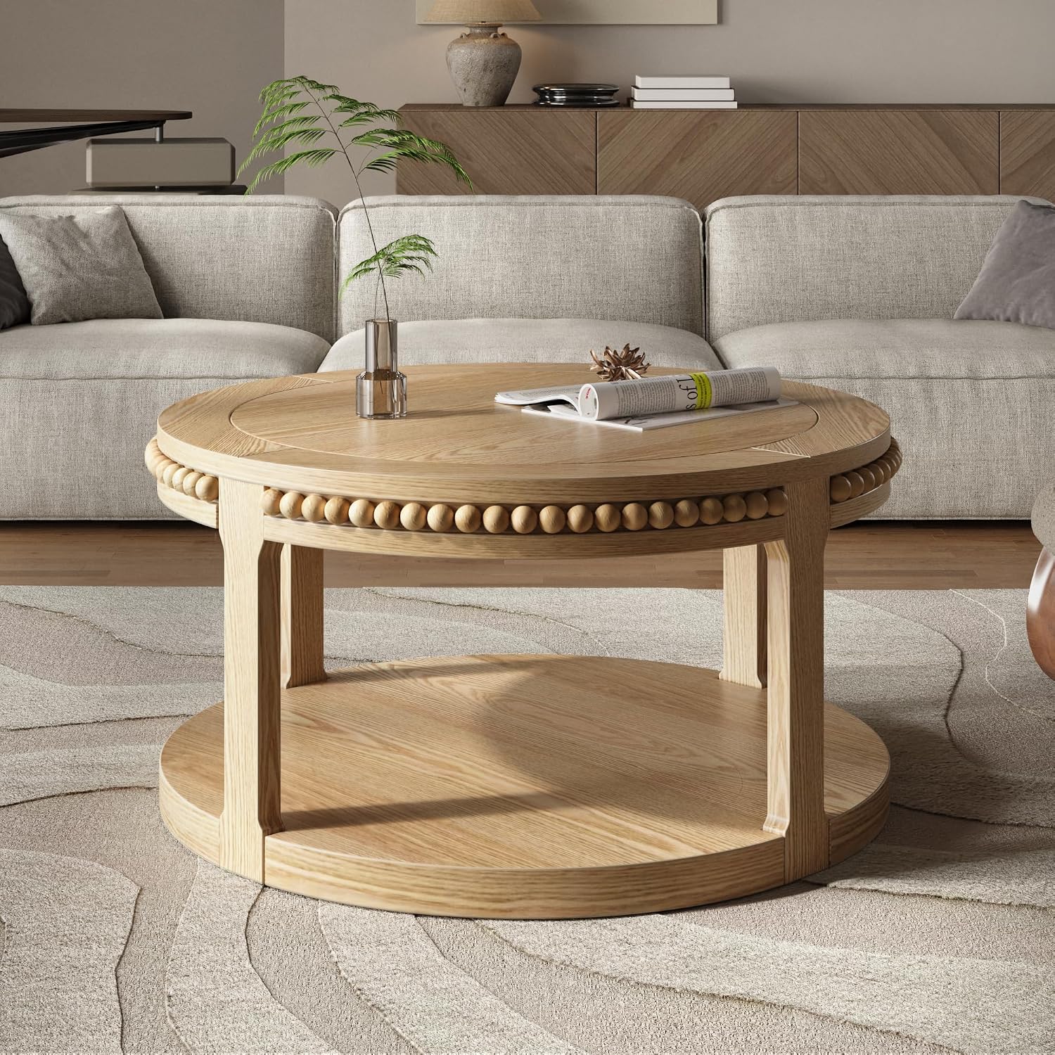 31.5'' Round Coffee Table, 2-Tier Modern Rustic Wood Circle Coffee Table for Living Room, Easy Assembly, Natural