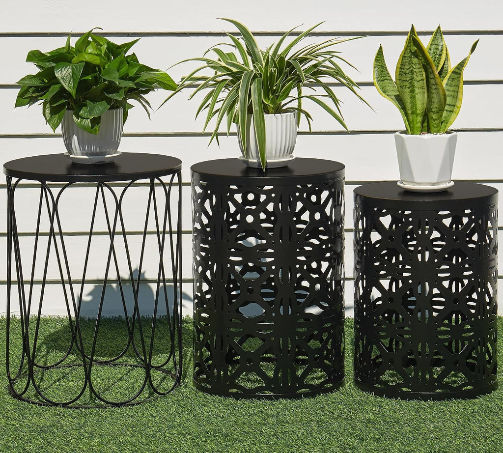 HFHOME Set of 3 Metal Outdoor Side Table, Nesting Round Coffee Table for Indoor Outdoor, Heavy Duty End Tables Plant Stand Living Room Garden Stool - Black