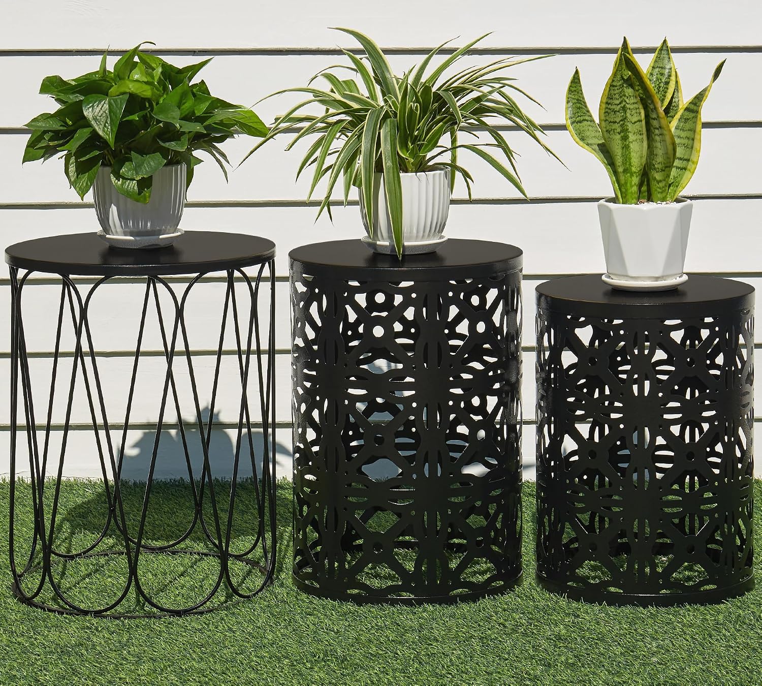 HFHOME Set of 3 Metal Outdoor Side Table, Nesting Round Coffee Table for Indoor Outdoor, Heavy Duty End Tables Plant Stand Living Room Garden Stool - Black