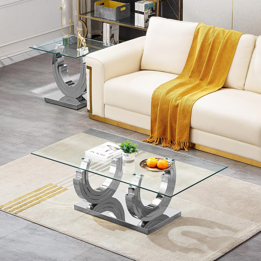 3 Pieces Living Room Table Set, Glass Coffee Table Set of 3, Modern Coffee Table and 2 End Tables with Three U-Shaped Stainless Steel Base for Living Room (Silver)