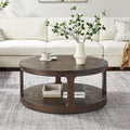 40' Round Coffee Table with Wheels, 2 Tier Solid Wood Center Coffee Tables, Retro Farmhouse Circle End Table for Living Room Apartment Office (Dark Brown)