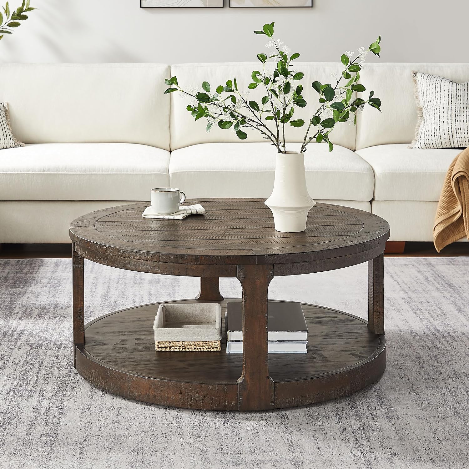 40' Round Coffee Table with Wheels, 2 Tier Solid Wood Center Coffee Tables, Retro Farmhouse Circle End Table for Living Room Apartment Office (Dark Brown)