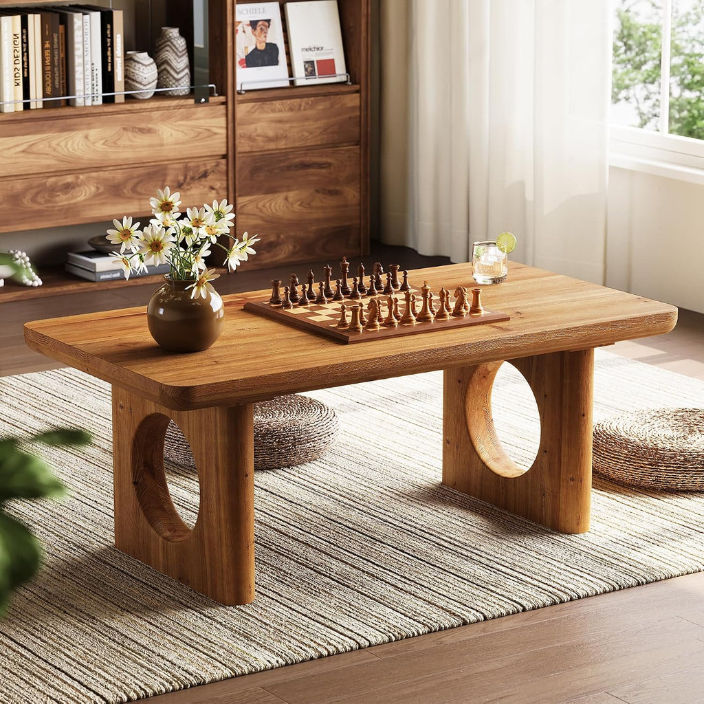 LITTLE TREE Solid Wood Coffee Table, Modern Farmhouse Coffee Table with Thick Tabletop, Rectangle Center Table for Living Room, Home Office, Bedroom, Brown
