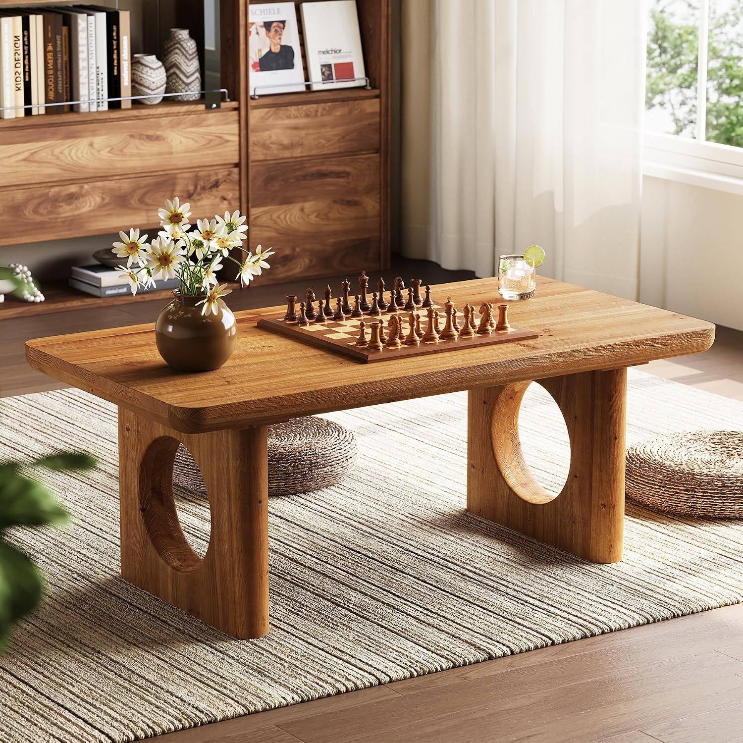 LITTLE TREE Solid Wood Coffee Table, Modern Farmhouse Coffee Table with Thick Tabletop, Rectangle Center Table for Living Room, Home Office, Bedroom, Brown