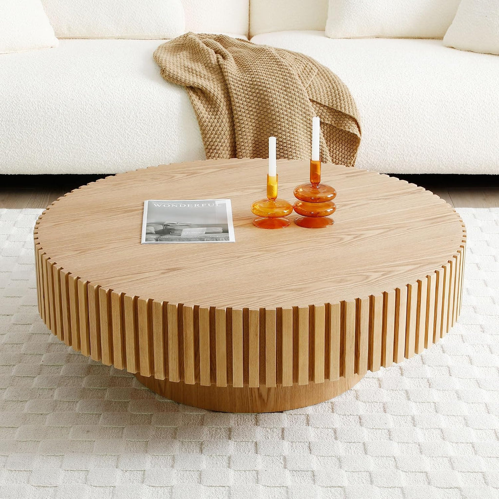 31.49' Round Coffee Table Wood, Modern Unique Oak Circle Coffee Table, Contemporary Drum Wooden Fluted Coffee Table Side Center Table for Living Room,Apartment,Office, Natural Ash