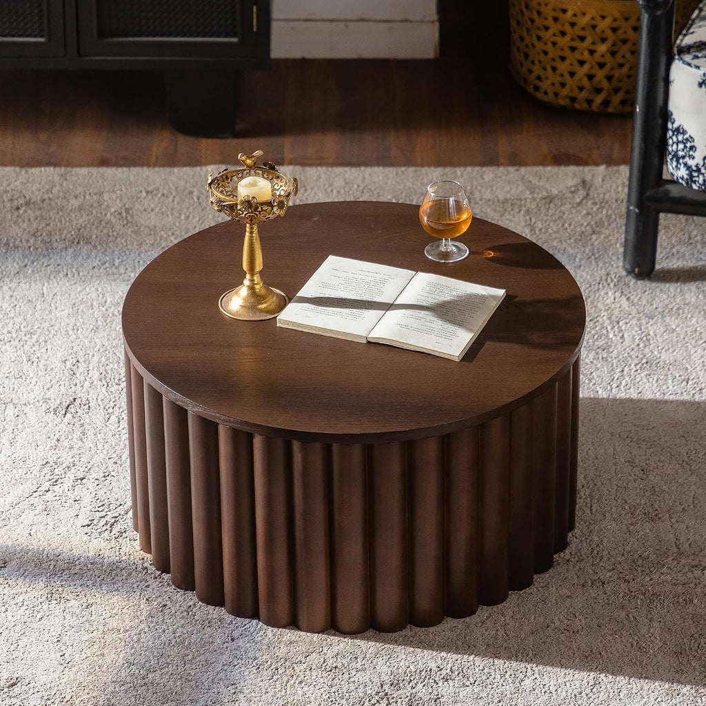 ø27.55'' Round Lift Top Coffee Table with Hidden Storage Space, Modern Drum Handcraft Wood Fluted Coffee Table for Living Room, No, Assembly, Walnut