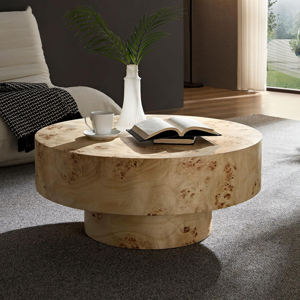 WILLIAMSPACE 31.49' Round Coffee Table with Burl Wood Veneer & Pedestal, Modern Wood Circle Drum Center Table for Living Room, Circular Accent Side End Table for Apartment, 13.77' H (Natural Burl)