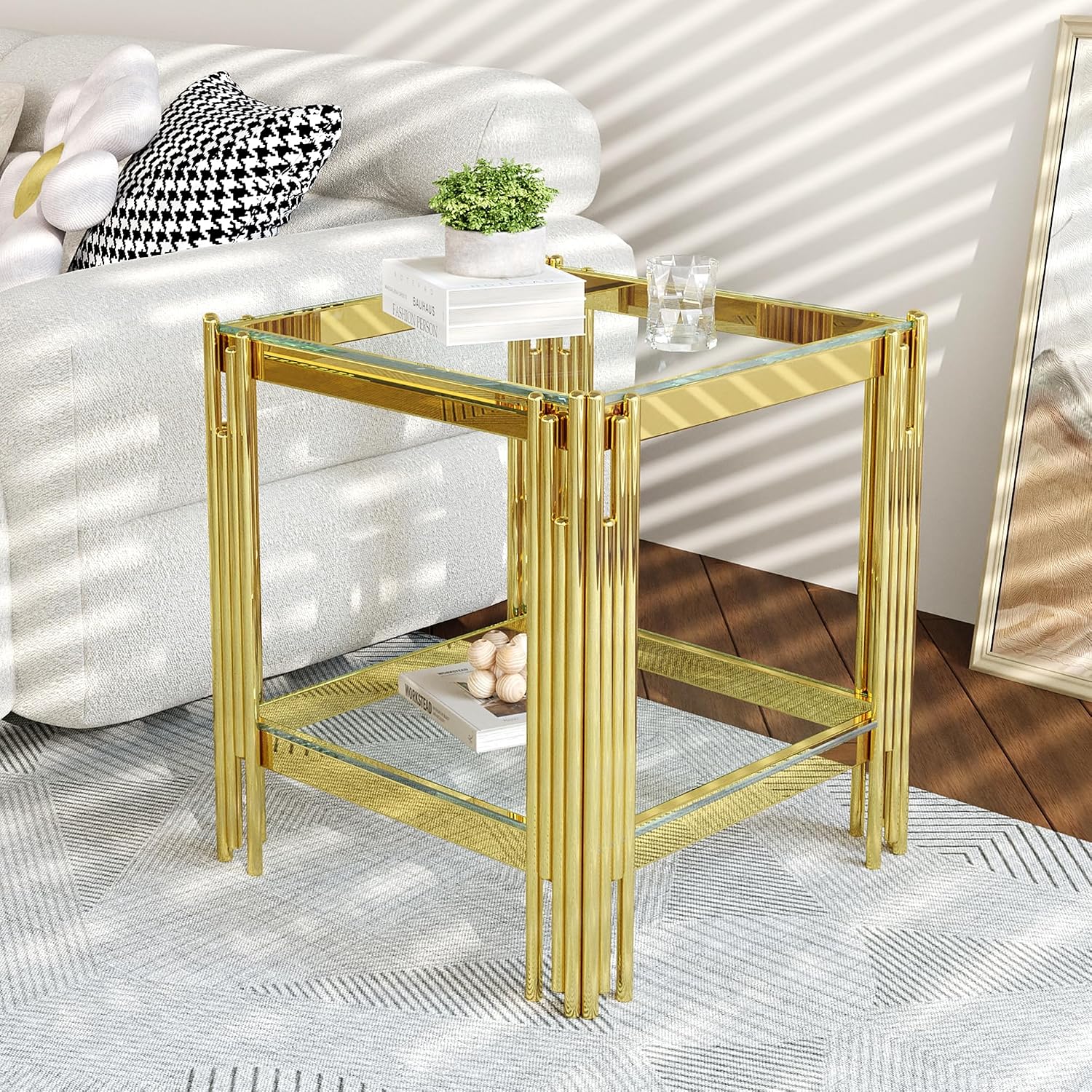 AF ARTISAN FURNITURE 2-Tier Glass End Table Modern Square Living Room Table Sofa Side Table, Stainless Steel Metal Leg Tempered Glass Small Corner Table, Clear&Gold