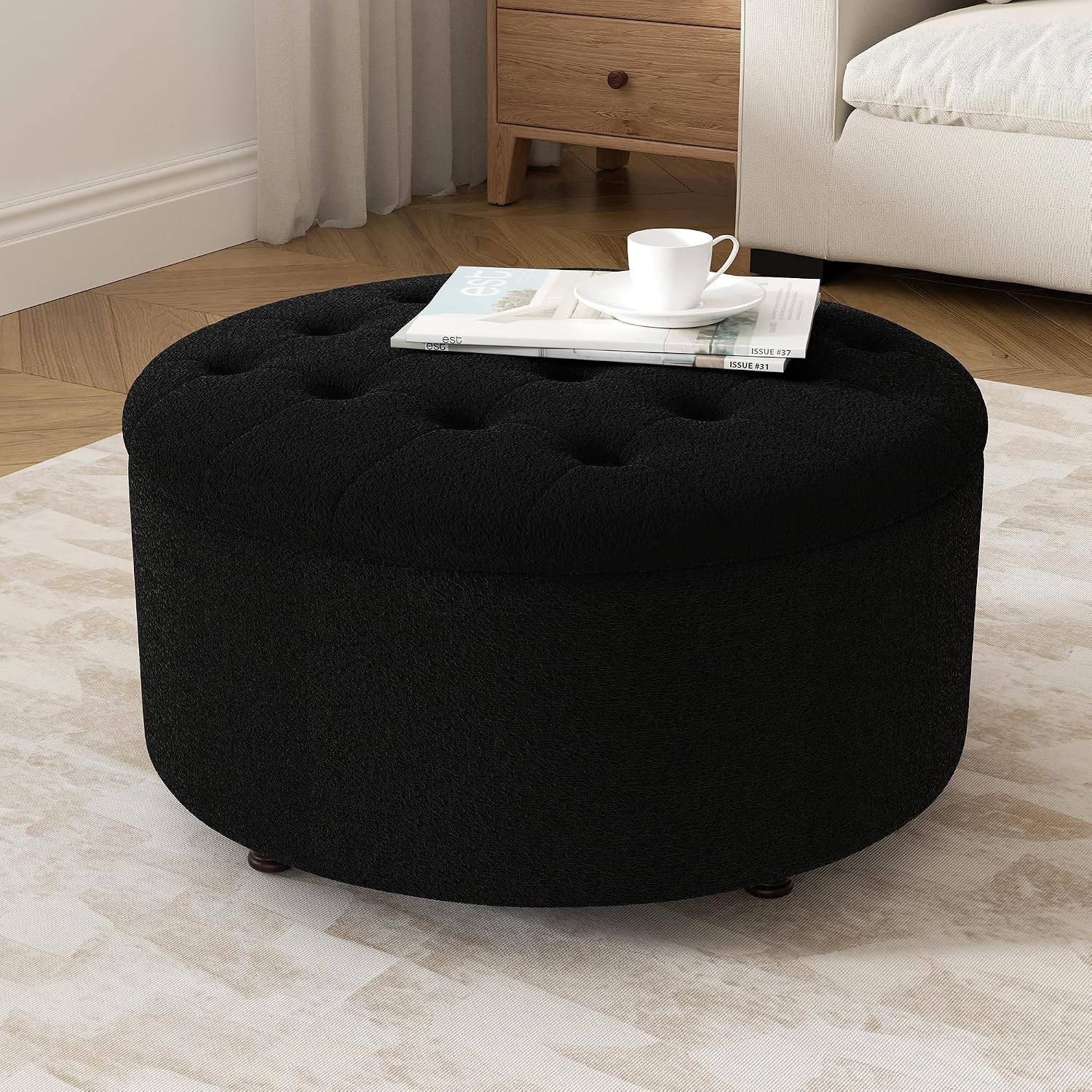 30 Inch Round Storage Ottoman,Modern Tufted Ottomans,Circular Coffee Table with Removable Top,Upholstered Large Ottoman with Storage Footrest Stool for Bedroom Living Room (Teddy Black)