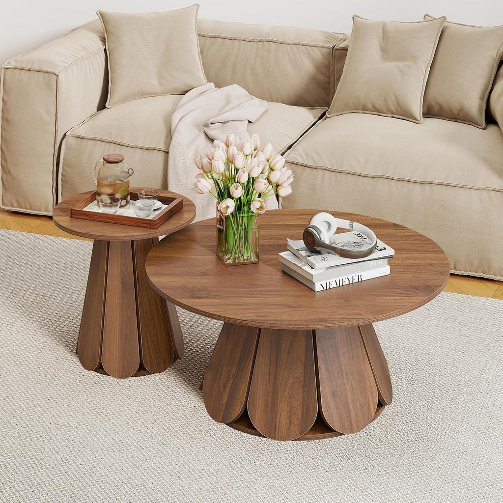 31.5' Round Coffee Table, Modern Farmhouse Wood Coffee Table with Pedestal Base, Small Space Circle Center Table for Living Room, Apartment, Walnut