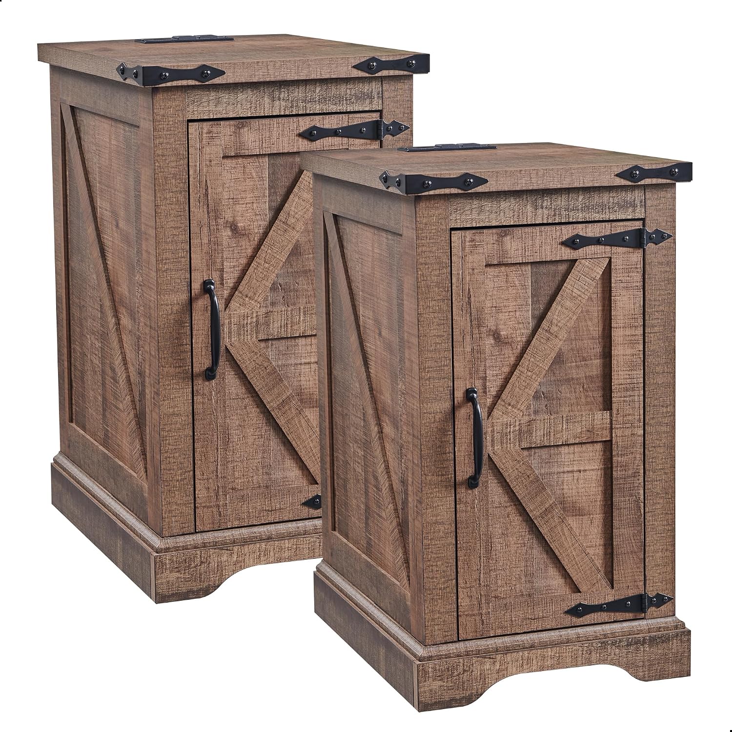 JXQTLINGMU Farmhouse Nightstand Set of 2 with Charging Station, 17'D Rectangular End Table with Barn Door & Adjustable Storage Shelf, Wood Rustic Sofa Side Table for Living Room, Bedroom, Light Brown