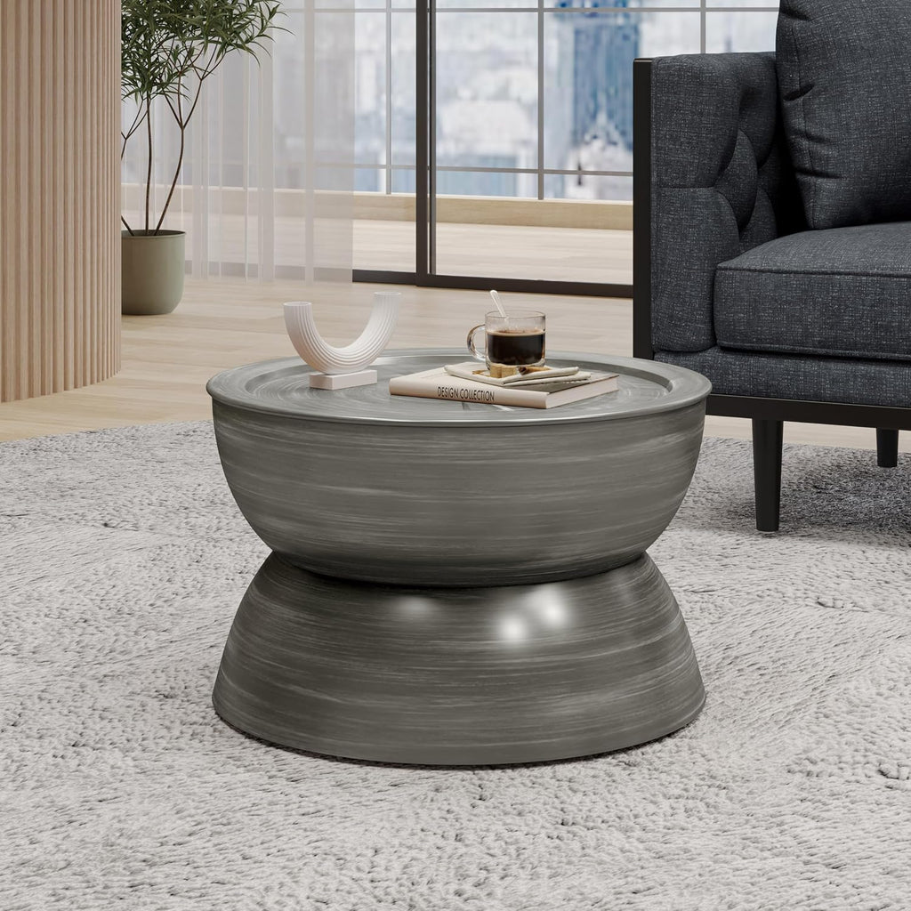 Merax Metal Hammered Coffee Table 24.25' Round Tabletop, Modern Iron Hourglass Coffee Table for Living Room, No Assembly Required, Bear 150lbs, Antique Silver